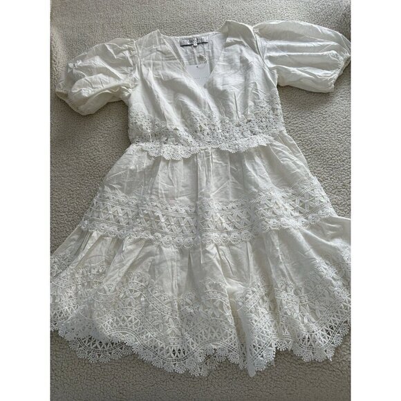 ENDLESS ROSE White Puff Sleeve V-Neck Lace Trim Mini Dress Sz M - Picture 8 of 16